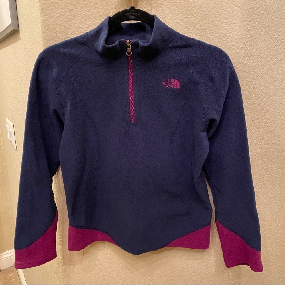 THE NORTH FACE Girls Navy Purple 1/4 Zip Fleece Sweater Size L(14/16)